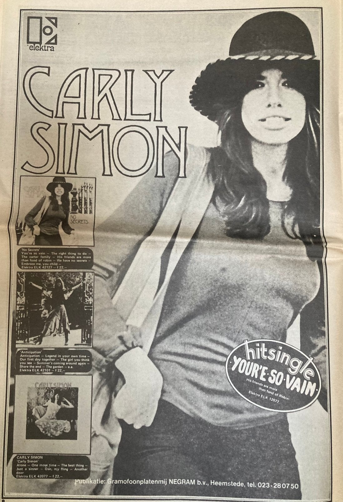 CARLY SIMON Y’oure So Vain A3 advertentie, Ophalen of Verzenden, Zo goed als nieuw, A1 t/m A3