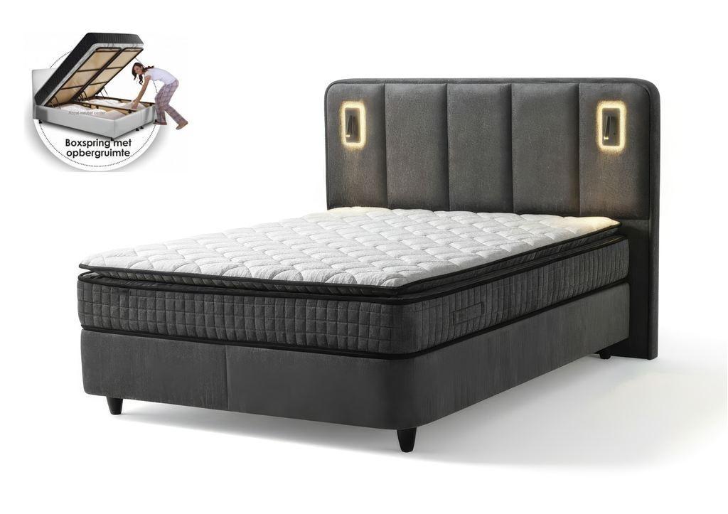 Boxspring Montana opbergbed teddy stof in antraciet kleur en, Ophalen of Verzenden, 180 cm, Grijs, Hout
