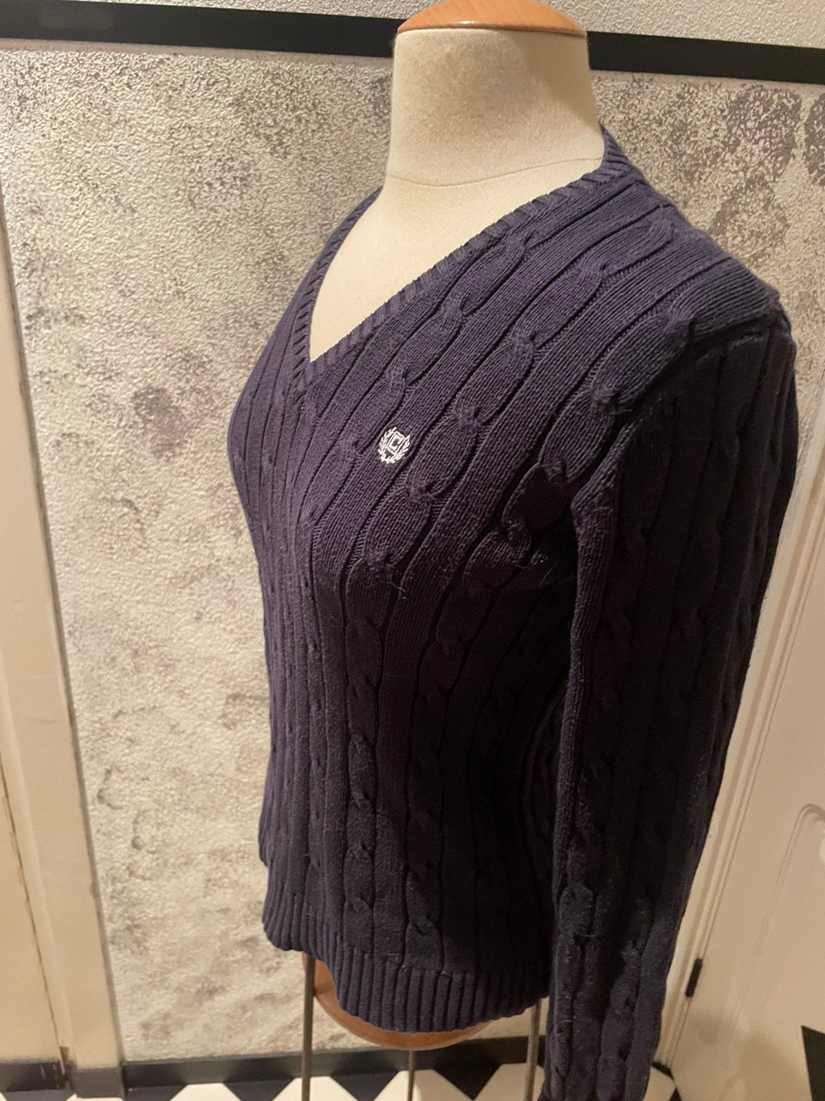 Klassieke donkerblauwe katoenen kabeltrui S, Ophalen of Verzenden, Gedragen, Maat 36 (S), Blauw