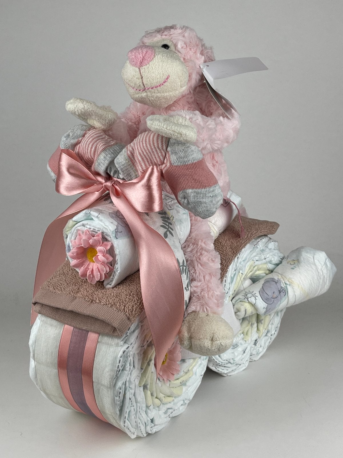 Roze Luiertaart Motor met Knuffel Aap, Ophalen of Verzenden, Nieuw, Kraamcadeau