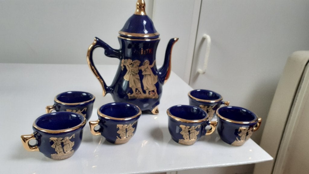 Vintage Griekse Koffieset - Blauw met Gouden Decoratie, Side, Ophalen of Verzenden