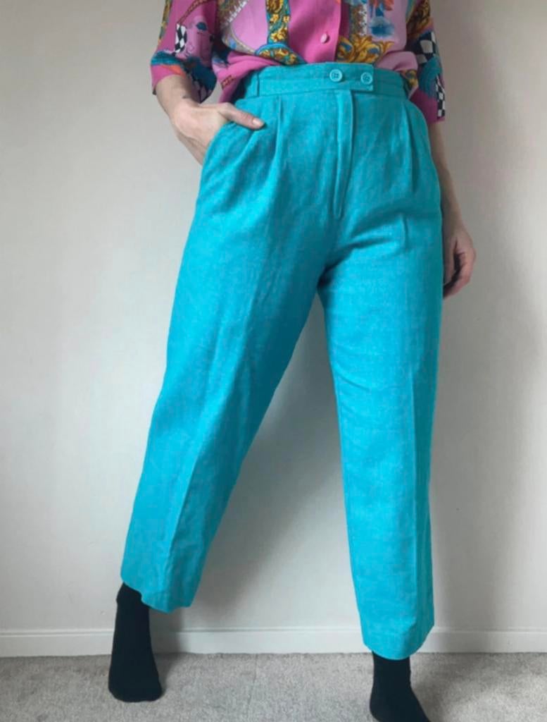 Blauwe vintage glitter broek, S/M. Party 60s 70s high waist, Vintage, Maat 36 (S), Lang, Gedragen