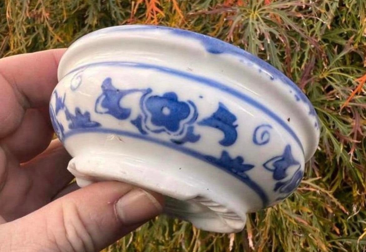 Bonsai pot rond blauw gedecoreerd porselein 10,2x4, Overige materialen, Rond, Ophalen of Verzenden, Zo goed als nieuw