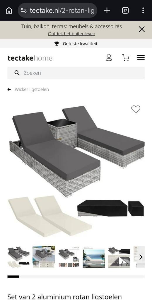 Tectake 2x aluminium rotan ligstoelen Nautica lichtgrijs, Ophalen of Verzenden, Aluminium