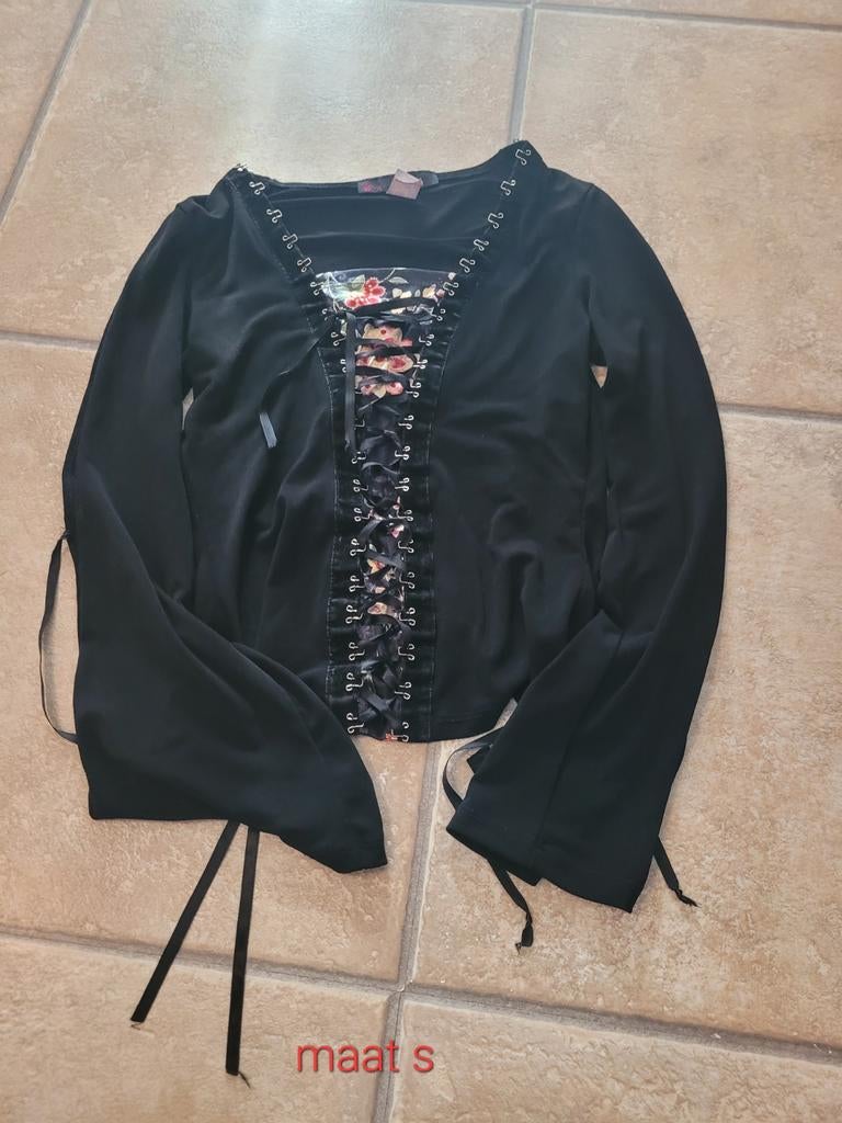 Zwarte top met lange mouwen en vetersluiting, Kleding | Dames, Tops, Ophalen of Verzenden