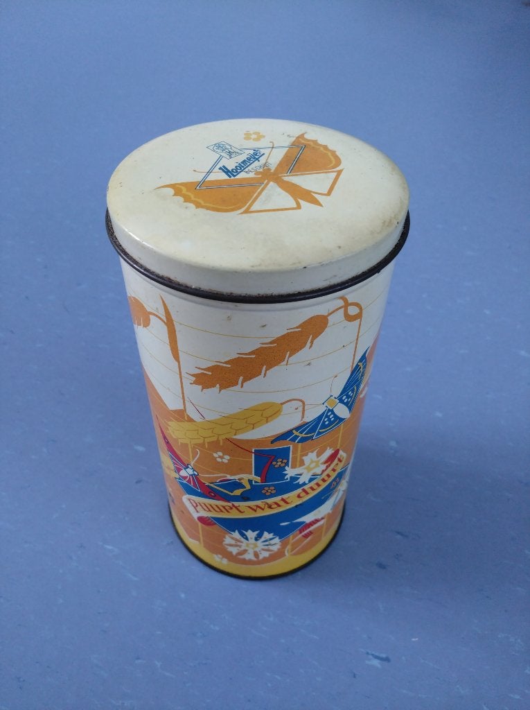 Hooimeijer blik vintage blikken bus / trommel 11x21cm, Ophalen of Verzenden, Gebruikt, Beschuit, Overige merken