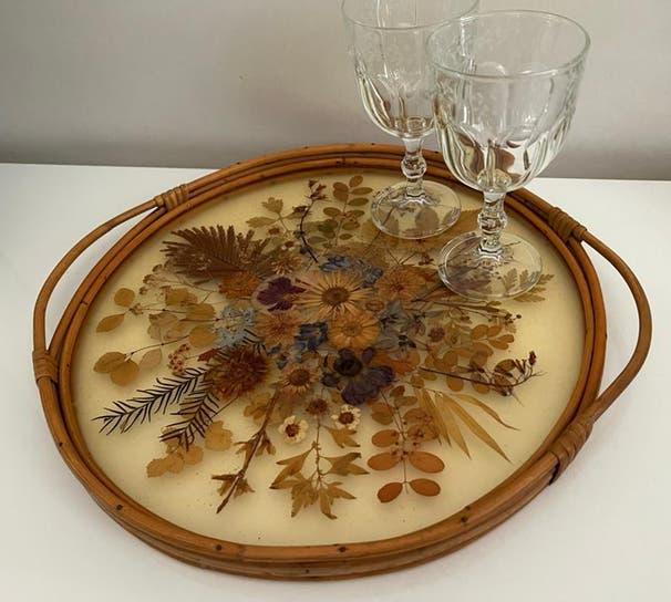 Vintage Rotan Bamboe Dienblad Droogbloemen Lucite Jaren 60, Ophalen of Verzenden, Zo goed als nieuw, Rond, Hout
