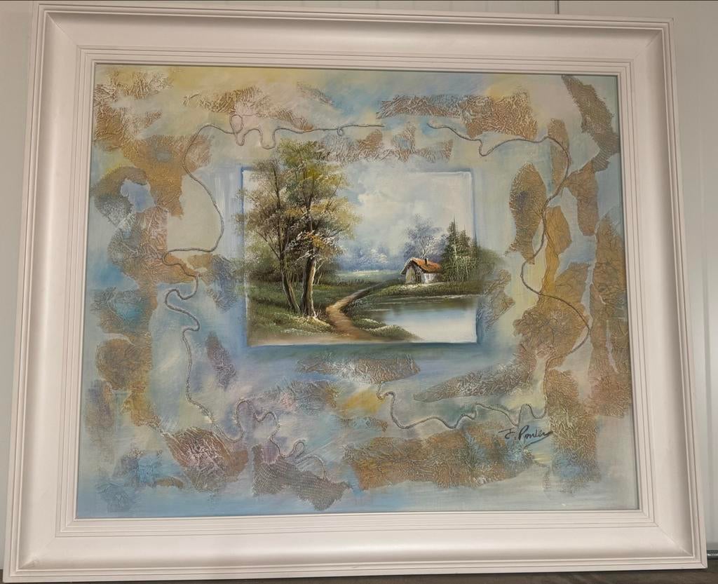 Schilderij: Romantisch Landschap met Huisje en Water, Ophalen