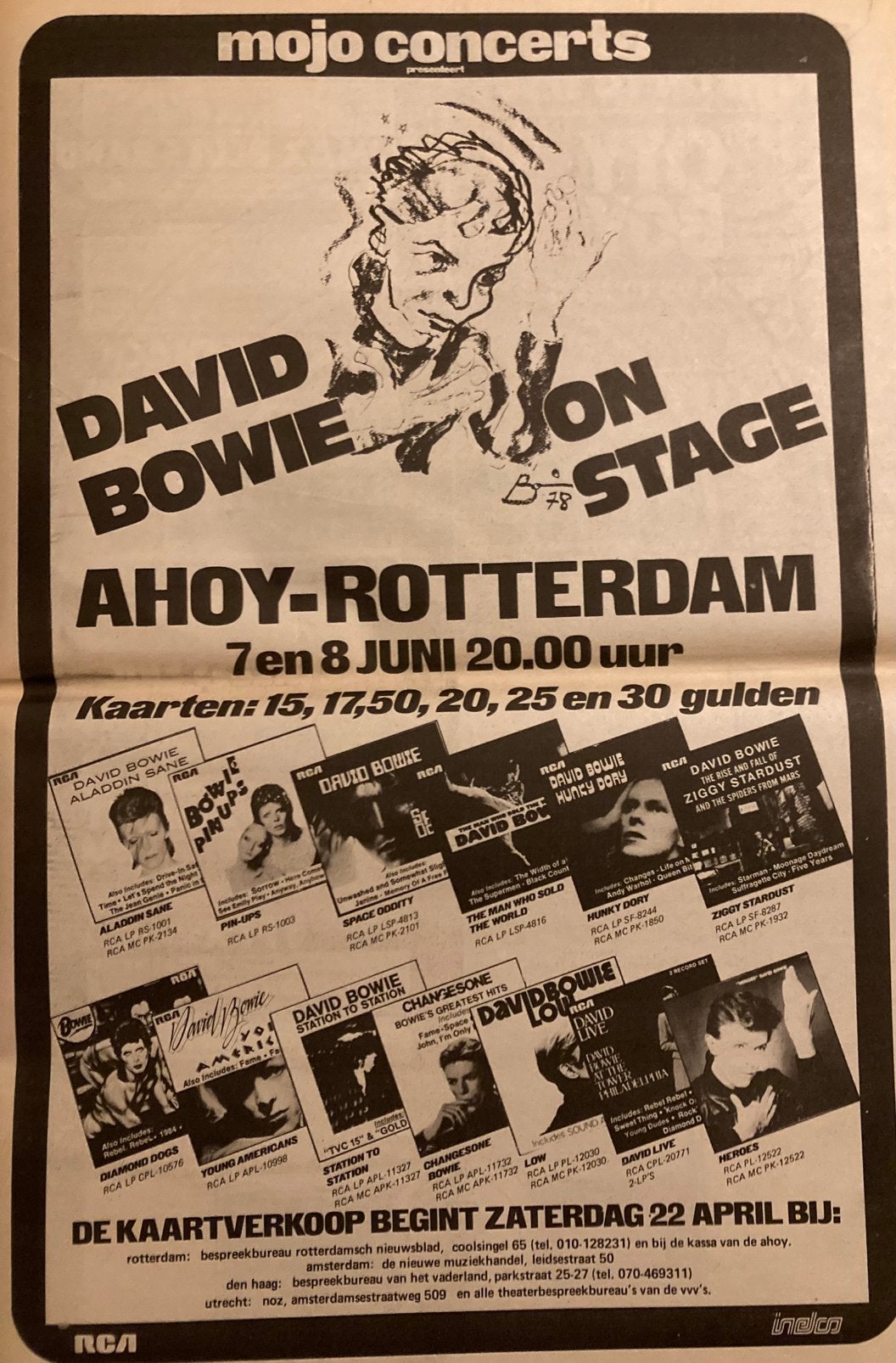 Paginagrote A3 advertentie DAVID BOWIE live Ahoy 1978, Ophalen of Verzenden, Zo goed als nieuw, A4 of kleiner