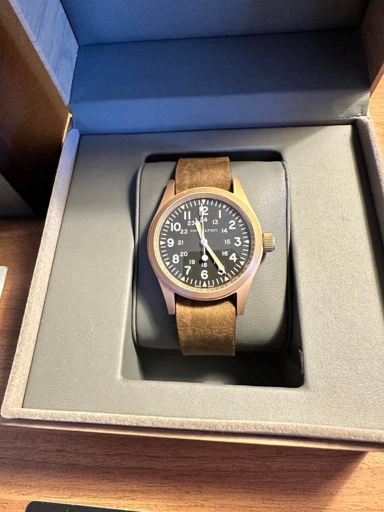 Hamilton Khaki Field Mechanical Bronze, Sieraden, Tassen en Uiterlijk, Horloges | Heren, Gebruikt, Overige merken, Leer, Ophalen of Verzenden