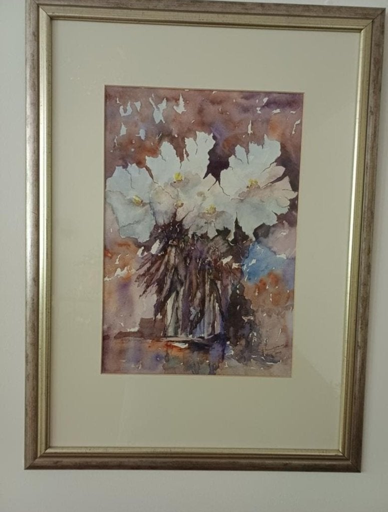 Bloemmotief waterverf schilderij in zilverkleurige lijst, Ophalen of Verzenden, Ingelijst, Aquarel, Bloemen