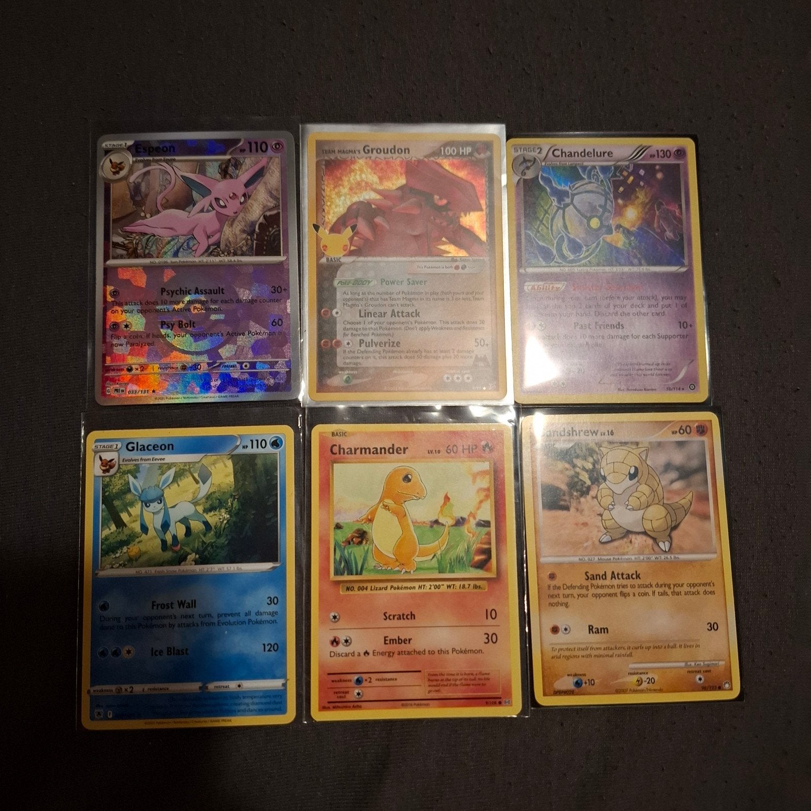 Pokémon kaarten: Espeon, Glaceon, Charmander, Groudon, Ophalen of Verzenden, Zo goed als nieuw, Meerdere kaarten, Foil