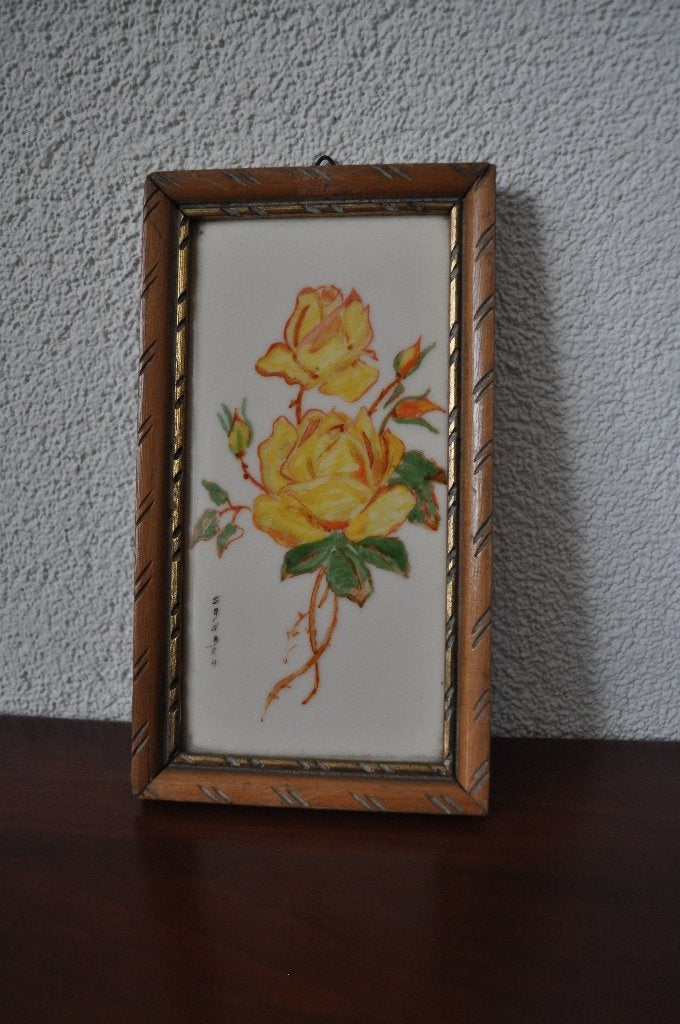 Vintage Lijstje Tegel Gele Roos Bloem 17 cm, Ophalen of Verzenden