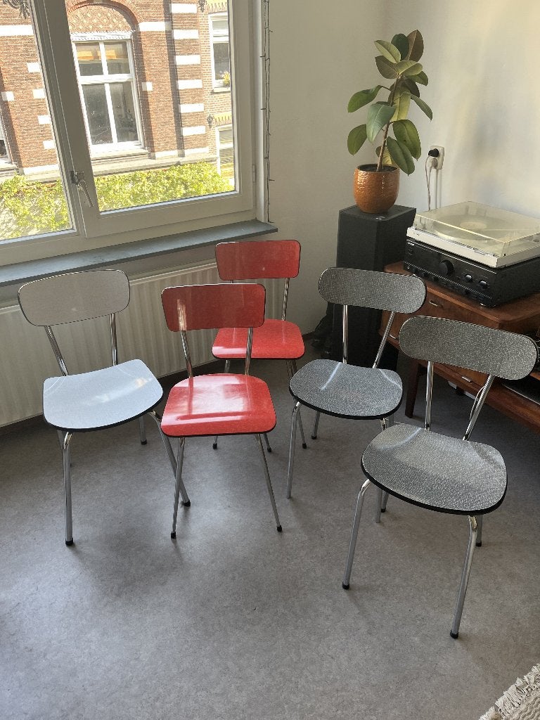 Set van 5 retro Formica stoelen | jaren 50/60 dinerstijl, Ophalen, Gebruikt, Overige kleuren, Vijf, Zes of meer stoelen