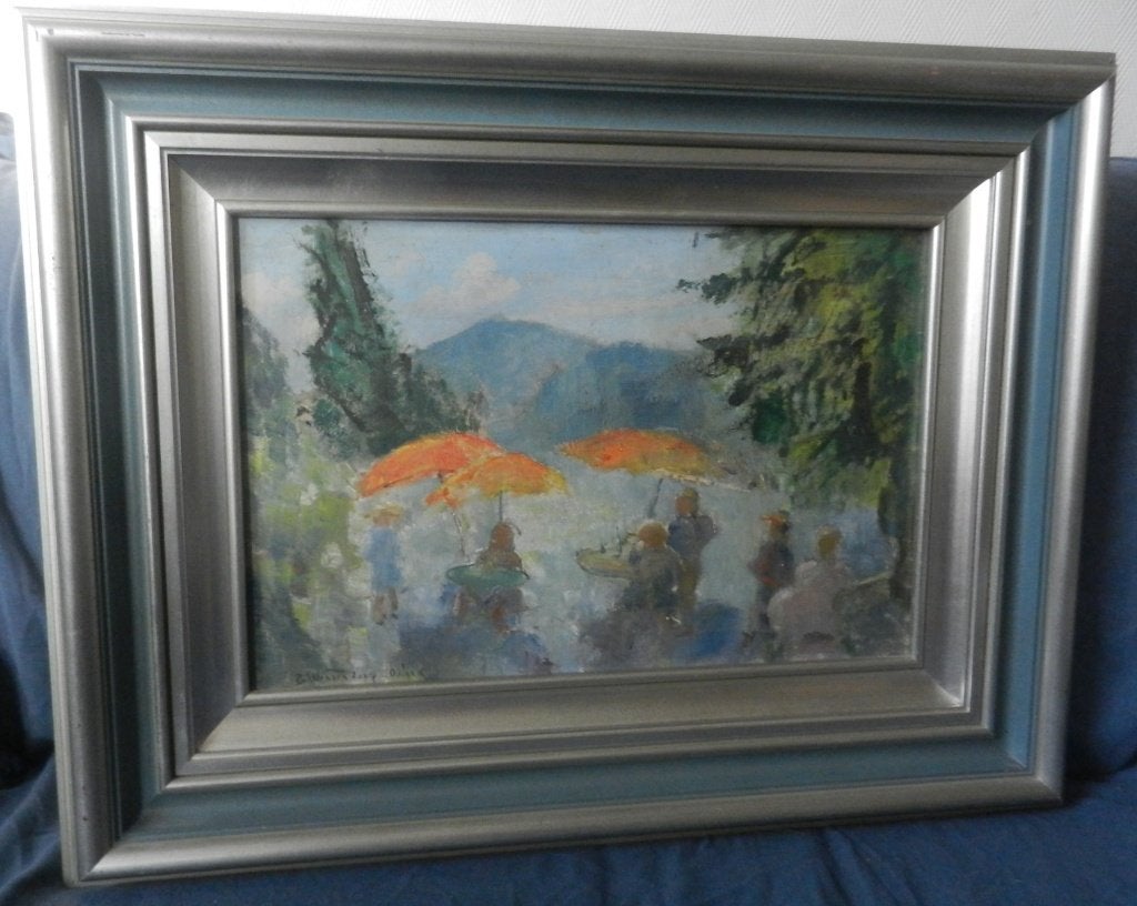 Olieverf Zonnig terras Betsy Westendorp Osieck hxb: 30x45 cm, Antiek en Kunst, Ophalen of Verzenden