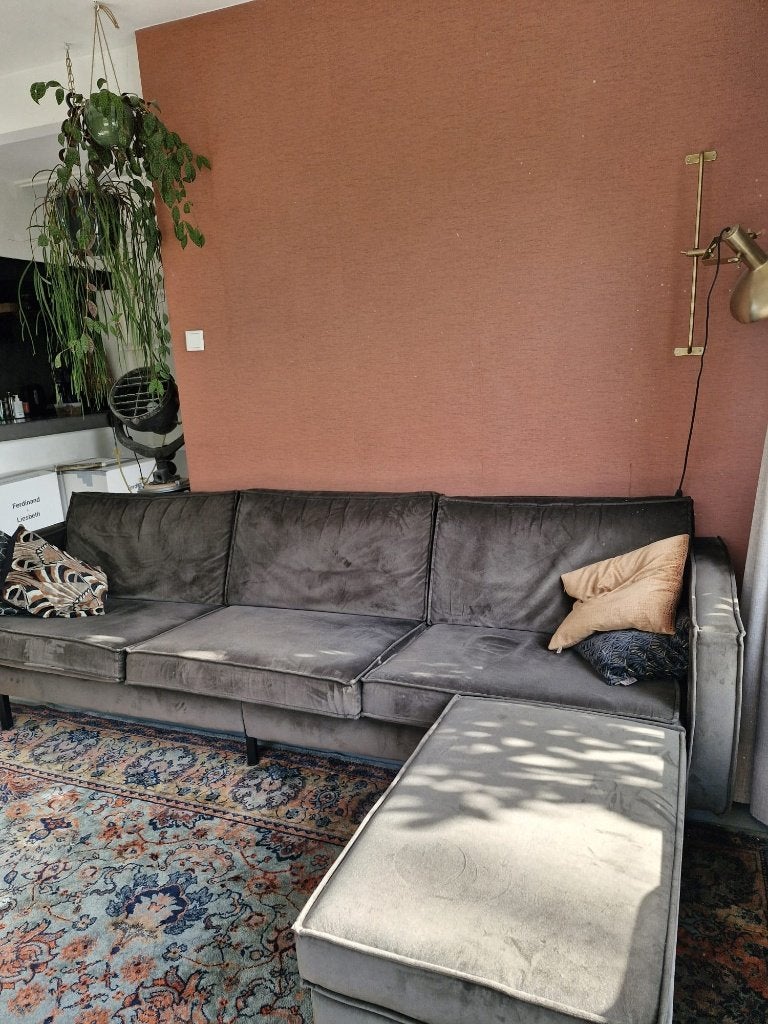 Basiclabel One hoekbank met losse hocker – groen velours, Huis en Inrichting, Ophalen, Modern - Hotel chique, Gebruikt, Rechte bank