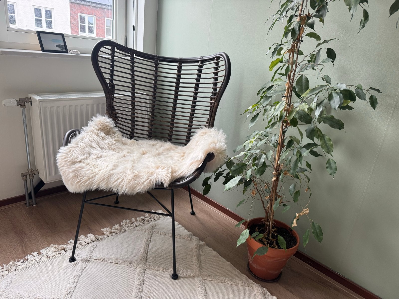 rotan stoel met schapenvacht, Ophalen, Gebruikt, Bruin, Riet of Rotan