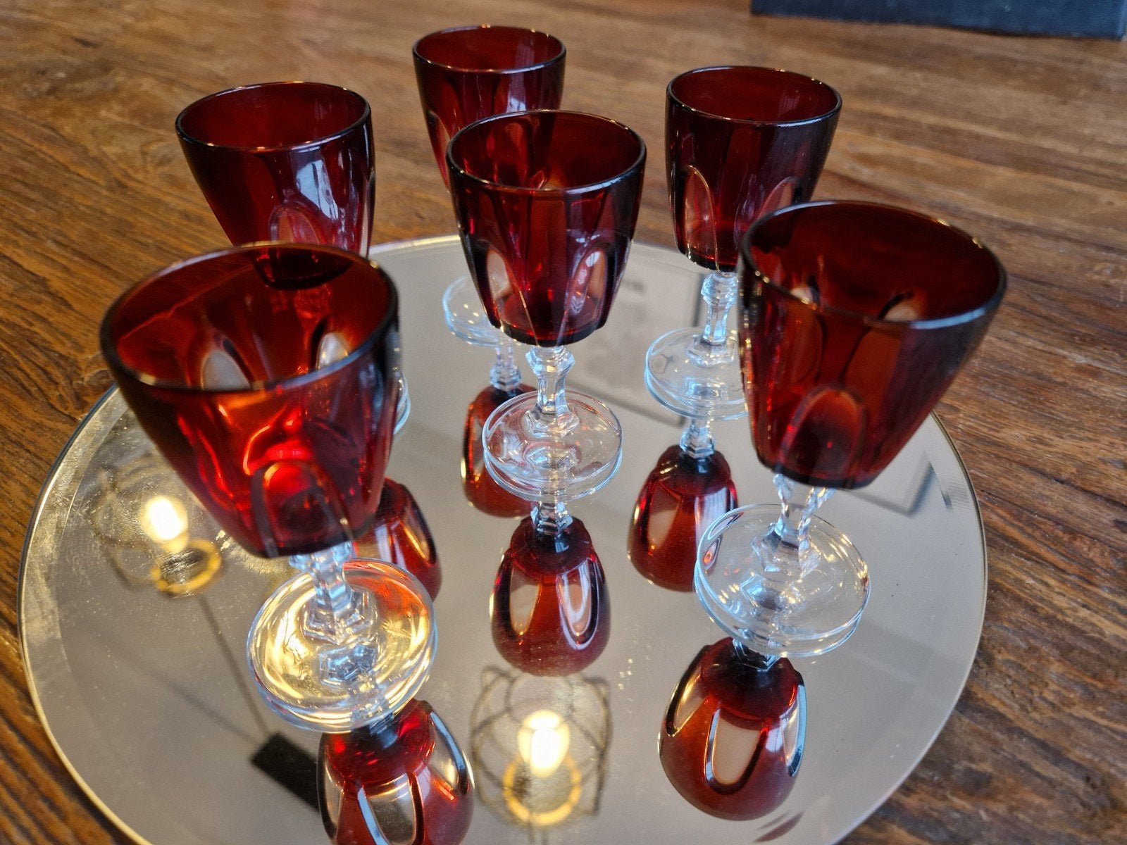 Set van 6 vintage robijnrode likeurglazen., Ophalen of Verzenden
