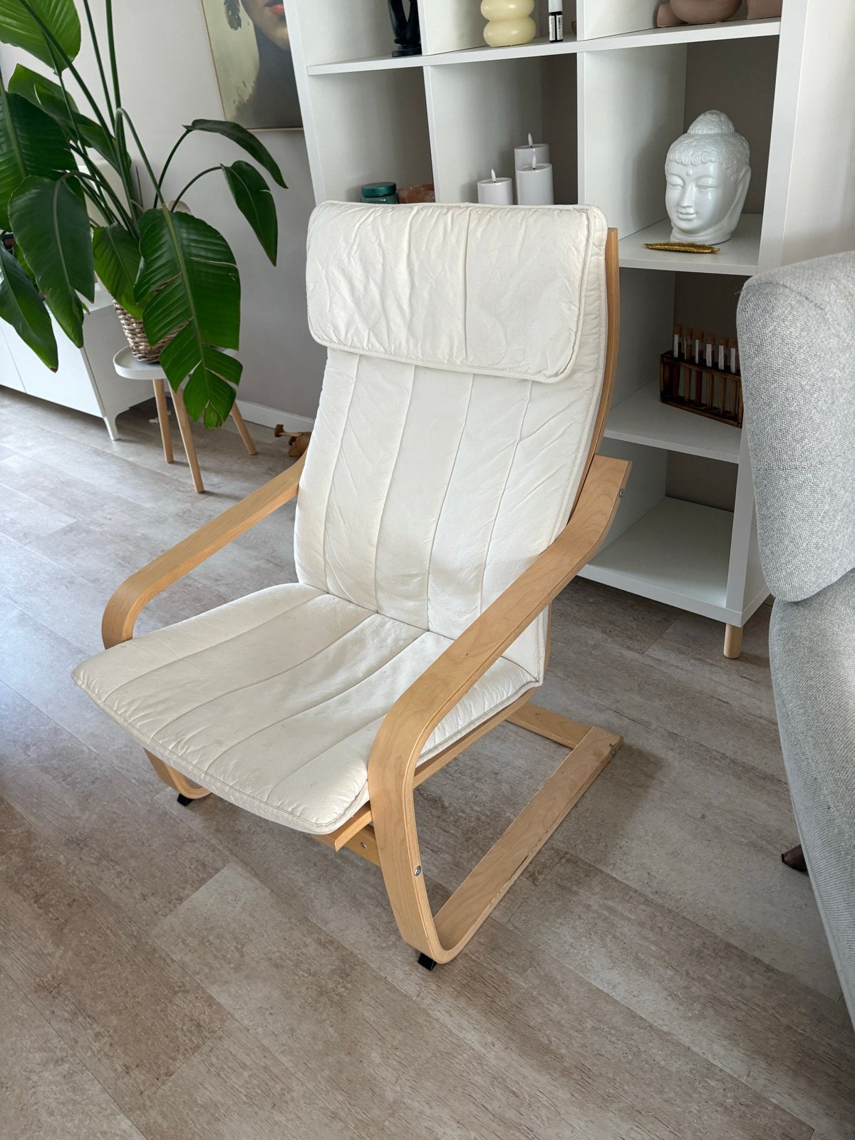 Ikea Poäng fauteuil met witte kussens, Ophalen, Gebruikt, 75 tot 100 cm, 50 tot 75 cm