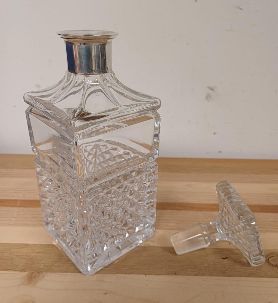 Kristallen whiskey karaf met zilveren schenkrand, Ophalen of Verzenden