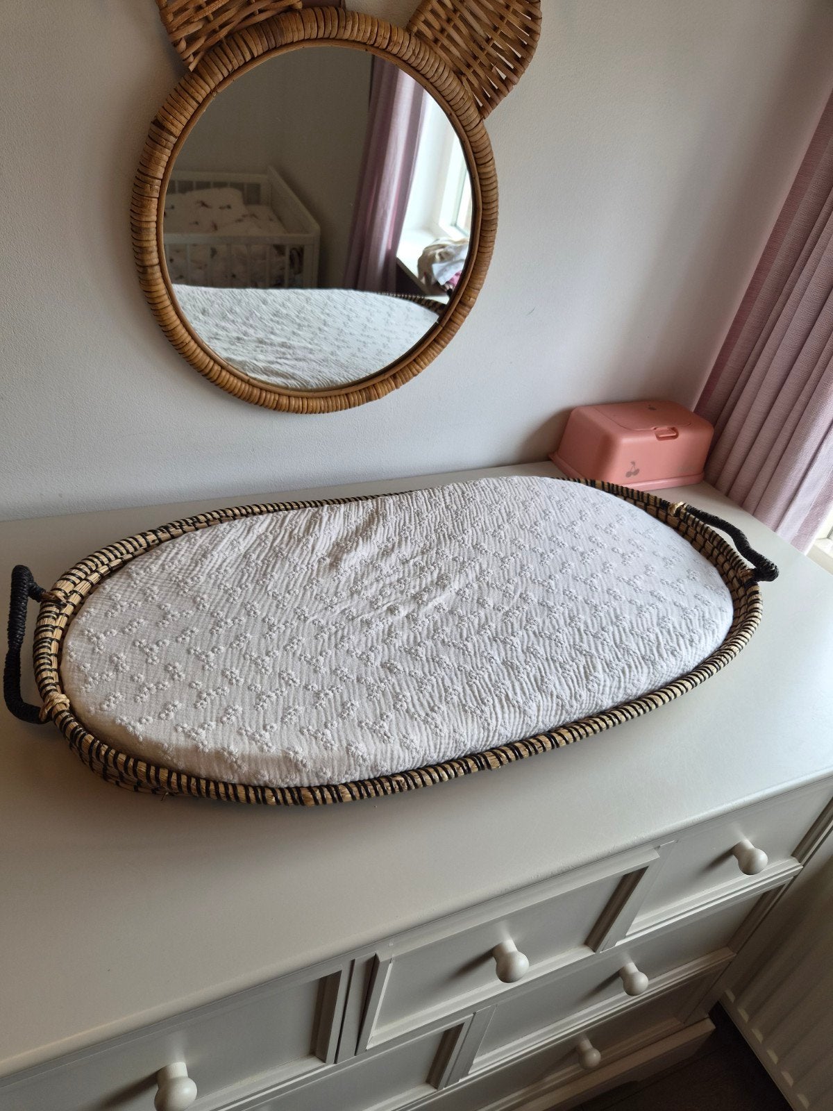 Rieten verschoningsmand + matras + 2 hoesjes, Ophalen, Minder dan 50 cm, Zo goed als nieuw, Minder dan 100 cm