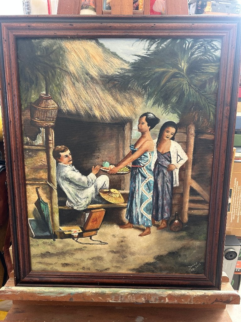olieverf schilderij op paneel indonesische vrouwen met fruit, Paneel, Portret of Personen, Realistisch, Ophalen of Verzenden