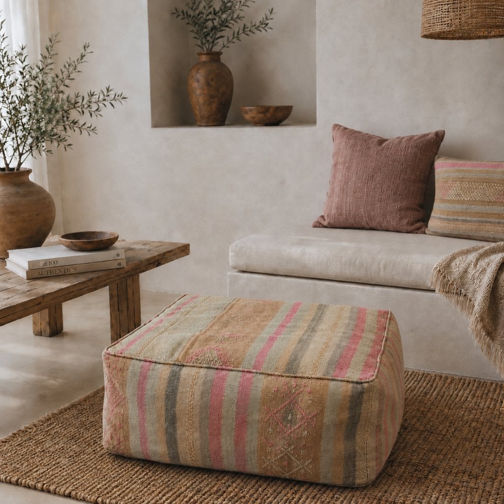 Poef van vintage kelim vierkant 60x60x30 olijf roze honing, Yazgibi, Verzenden, Info@yazgibi.nl, Stof