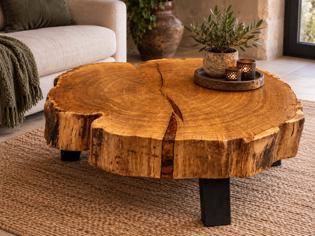 Handgemaakte massief eiken salontafel met epoxy, Huis en Inrichting, Ophalen, Landelijk, rustiek, natuurlijk, industrieel, Nieuw
