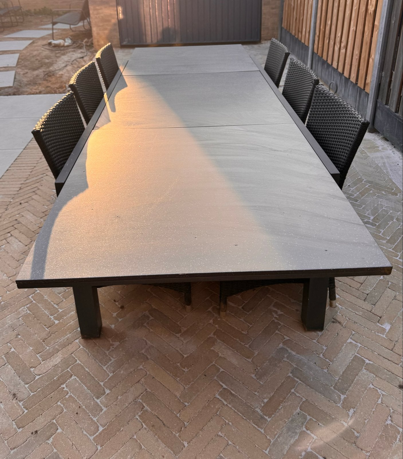 Luxe uitschuifbare tuintafel (2-3m) met 8 wicker stoelen, Ophalen, Overige materialen, Gebruikt, Eettafel