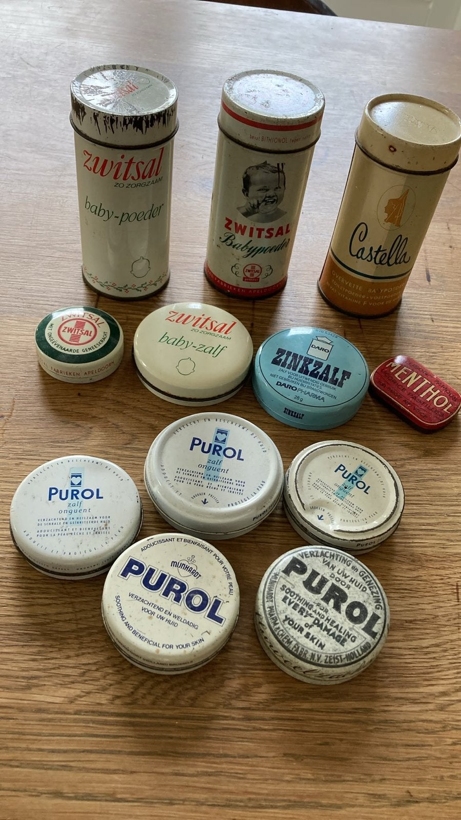 Collectie vintage blikjes: Purol, Zwitsal, Castella, Menthol, Ophalen of Verzenden, Gebruikt