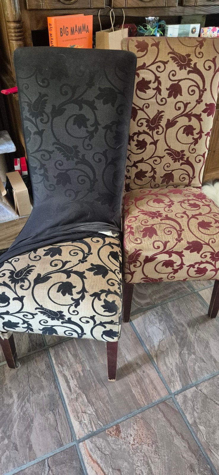 6 eetkamerstoelen met barokprint -  4zwart en2 rood, Ophalen, Gebruikt, Barok, Overige kleuren