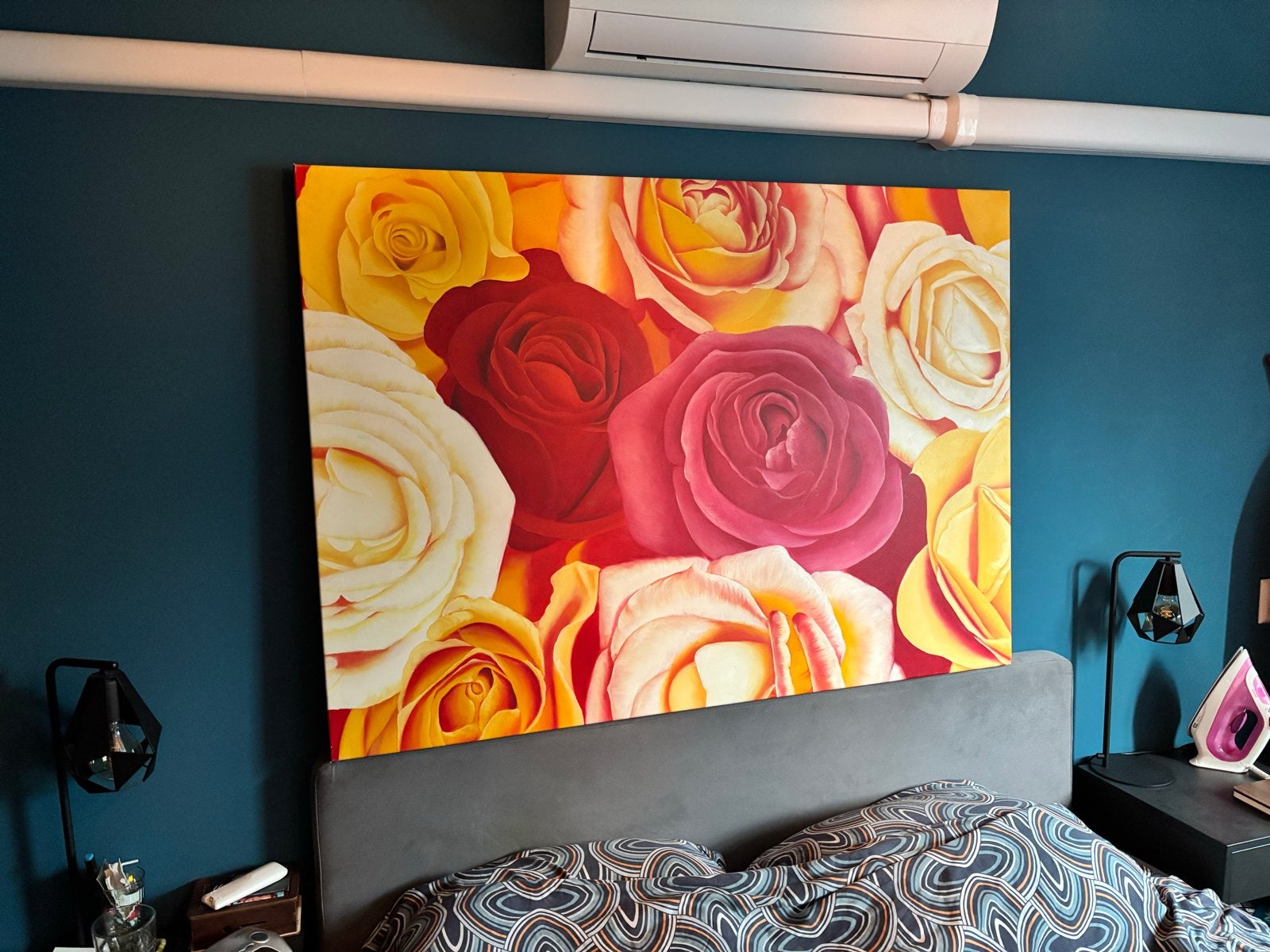 Groot schilderij met rozen - Rood, geel, wit, Gebruikt, 125 cm of meer, Ophalen of Verzenden, Schilderij