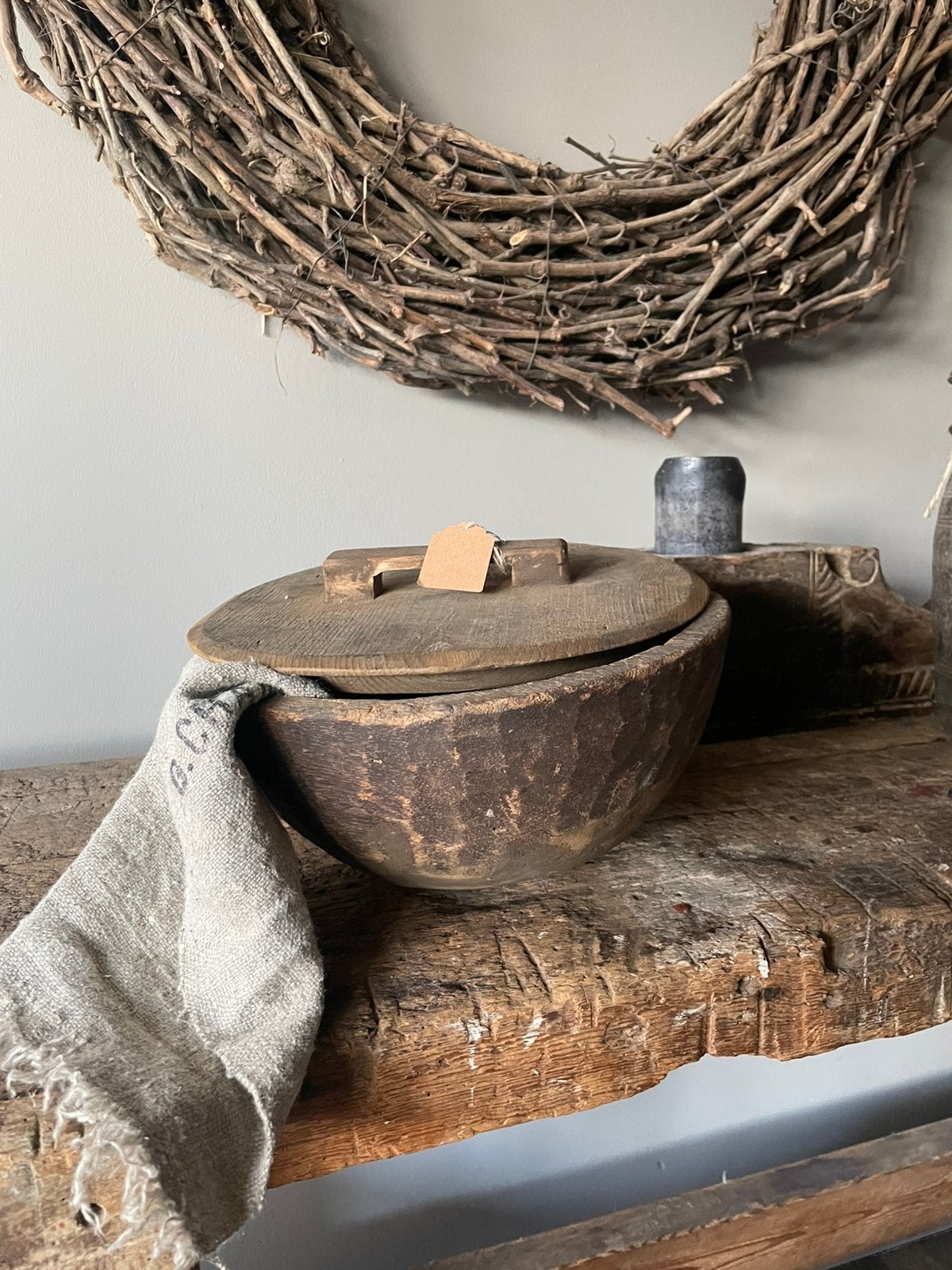 Oude Houten pot met deksel, Gebruikt, Schaal, Rond, Ophalen of Verzenden