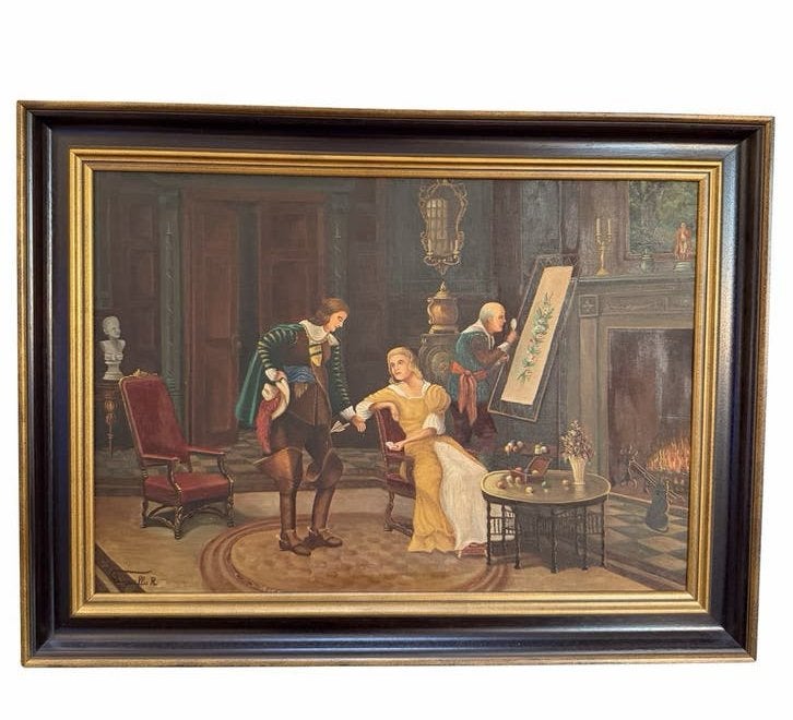 R. Vancoille - 17e eeuws geinspireerde interieurscene, Doek, Portret of Personen, Ophalen of Verzenden, Gesigneerd