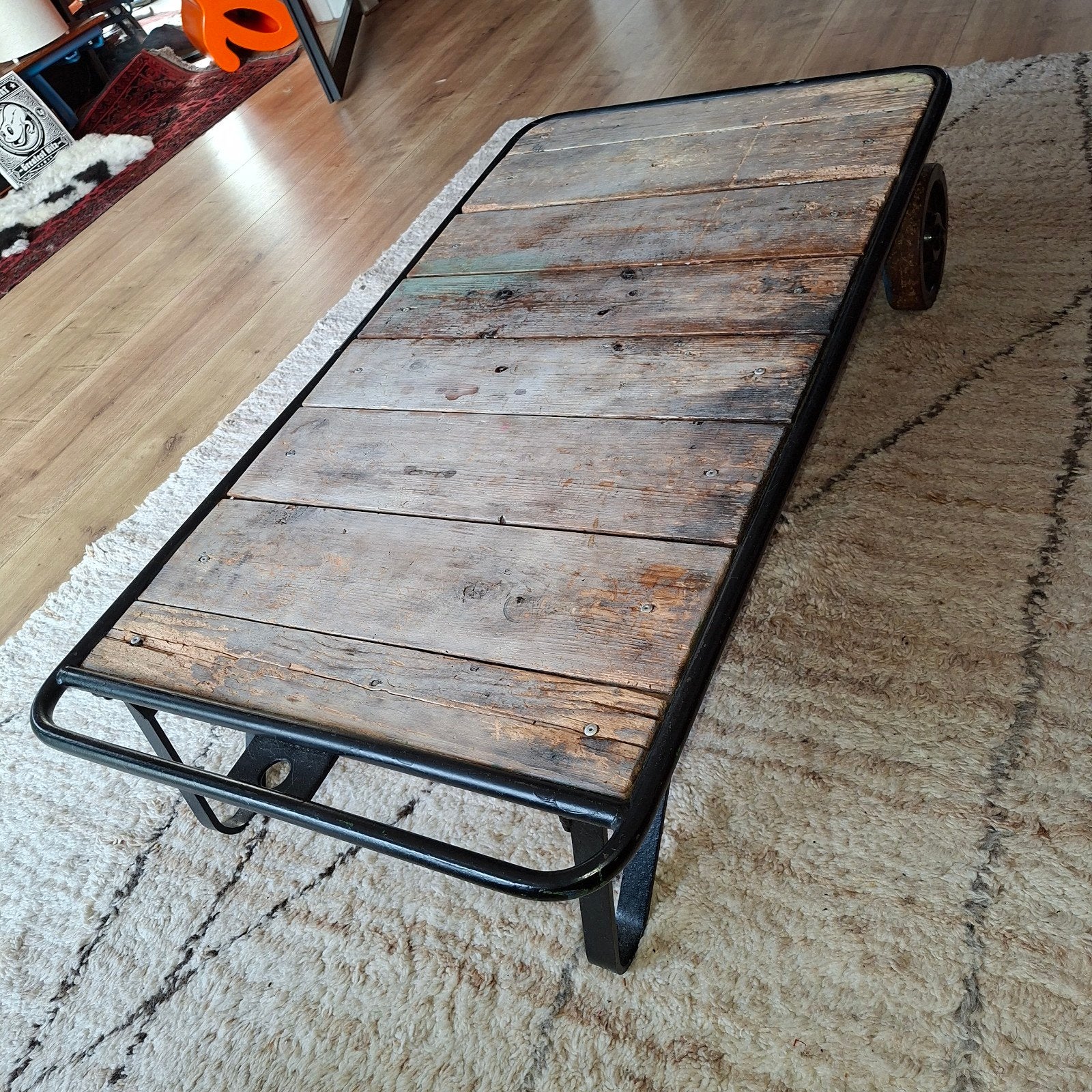 Industriële lage tafel met wielen - vintage fabrieks kar, Gebruikt, 100 tot 150 cm, 50 tot 100 cm, Industrieel, Vintage