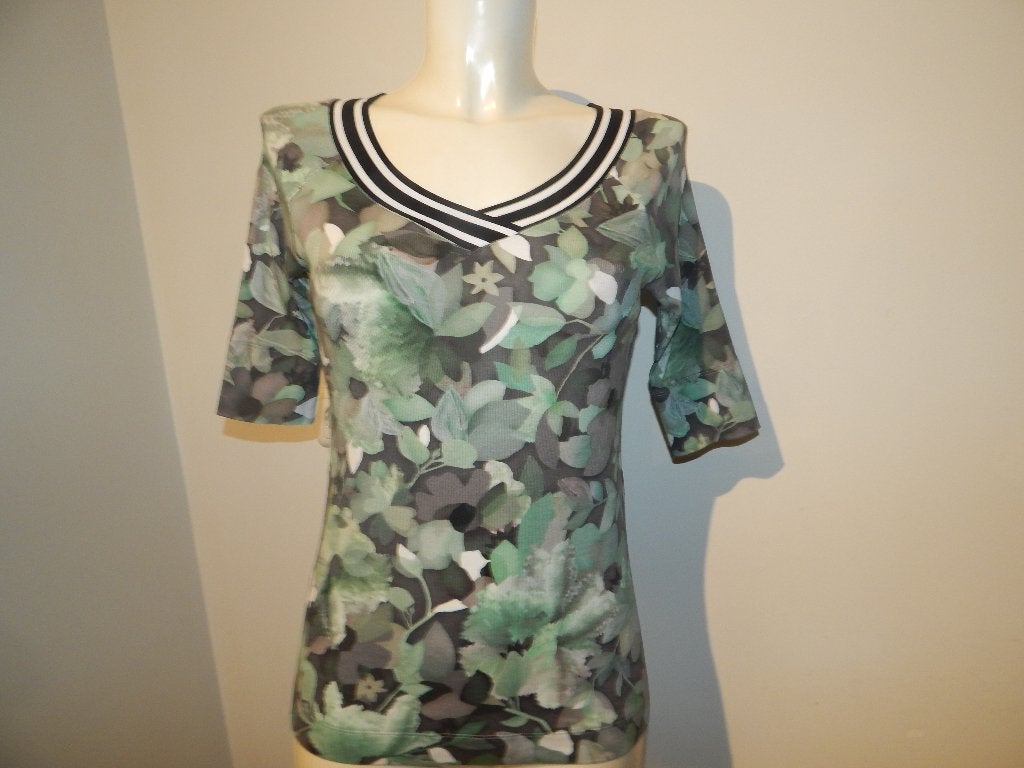Marccain shirt blad print koele tinten merk druk zijkant N4, Maat 38/40 (M), Verzenden, Zo goed als nieuw, Korte mouw
