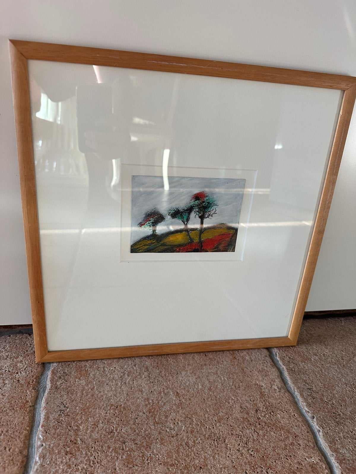 Modern Schilderij: Landschap met Bomen, gesigneerd Bajo 2002, Landschap, Acrylverf, Papier/karton, Ophalen of Verzenden