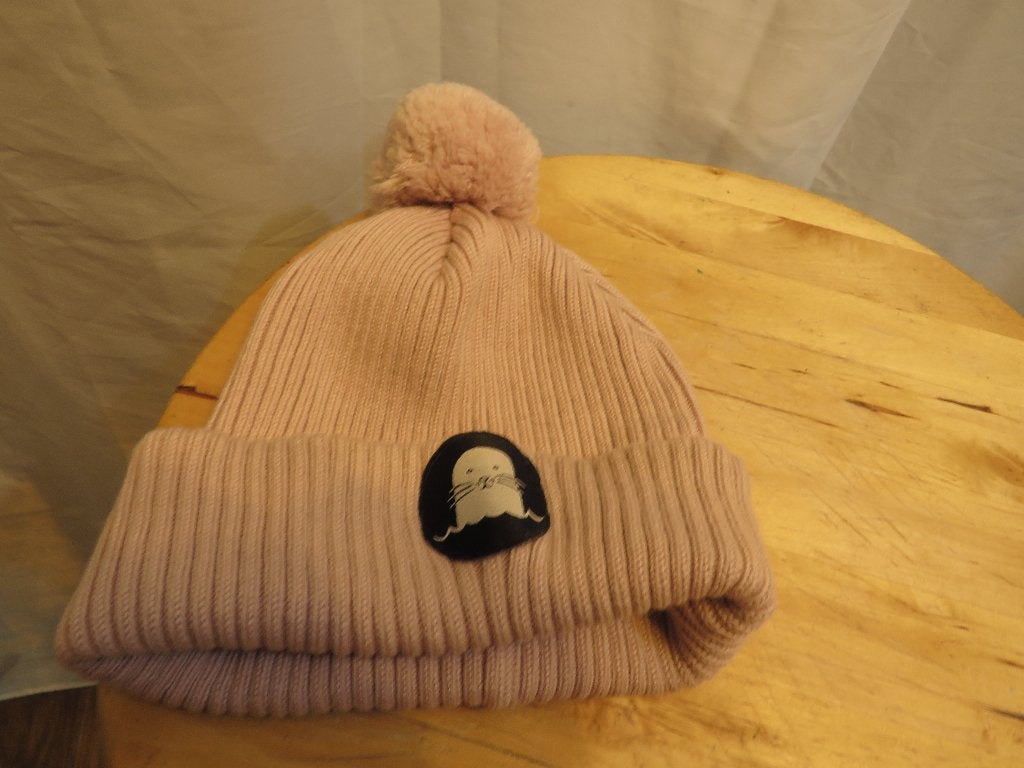 zacht roze merino muts zeehond badge 52-56 cm superyellow, Ophalen of Verzenden, Zo goed als nieuw, Jongetje of Meisje, Muts