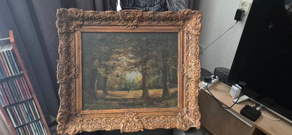 schilderij bosgezicht met lijst 70x60cm, Doek, Ophalen of Verzenden, Gesigneerd, Landschap
