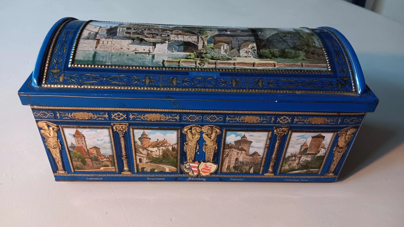 Oud koekblik lebkuchen met afbeelding Neurenberg, Verzamelen, Blikken, Ophalen of Verzenden, Gebruikt, Koek(jes)