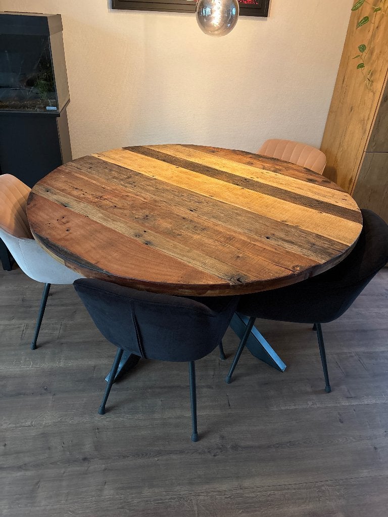 Ronde eettafel  robuust hout 150 cm, Gebruikt, Rond, Vijf personen of meer, Railroadwood
