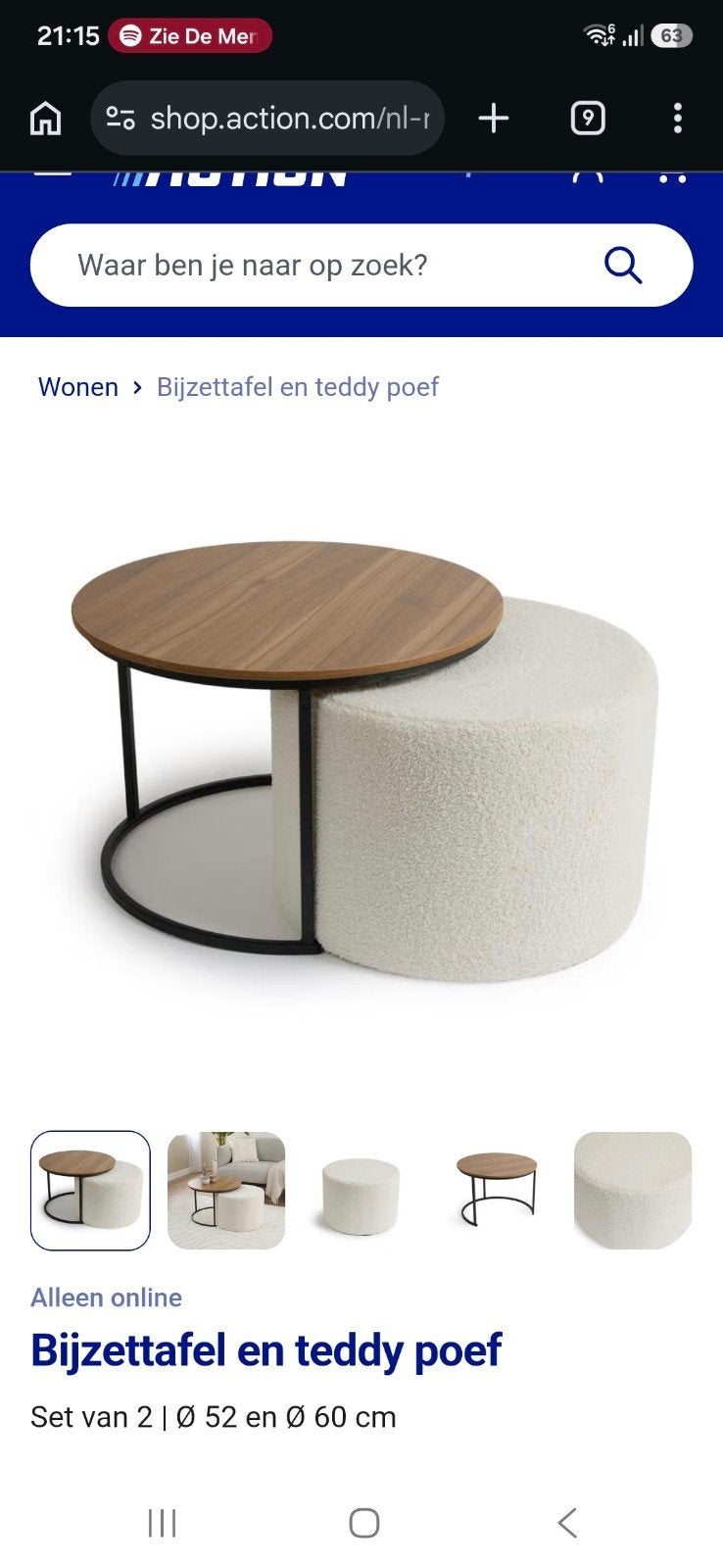 Bijzettafel en teddy poef - Set van 2, 45 tot 60 cm, Gebruikt, Rond, Modern
