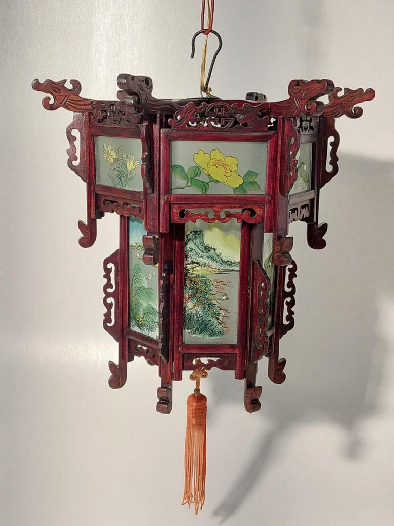 Vintage Chinese houten hanglamp / Oosterse lantaarn – werken, Ophalen, Overige typen