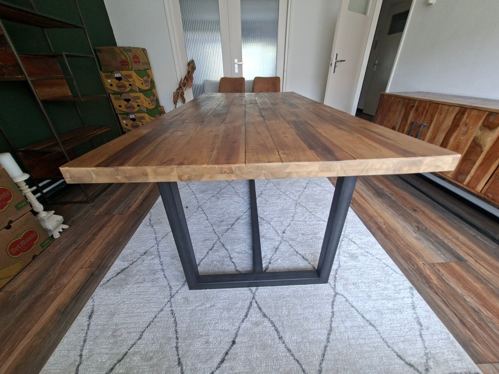 Eettafel van Indonesisch boothout - Van der Vliet wonen, Zo goed als nieuw, 150 tot 200 cm, Rechthoekig, Overige houtsoorten