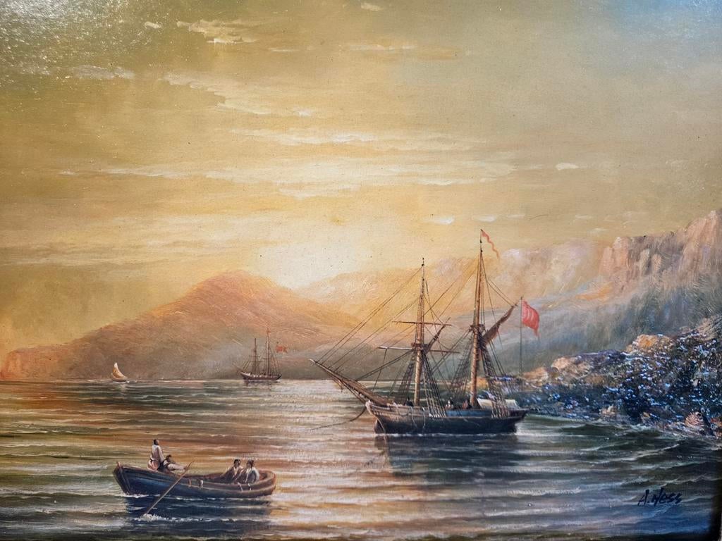 Schilderij A. Hess: Schepen bij ondergaande zon, Ophalen of Verzenden
