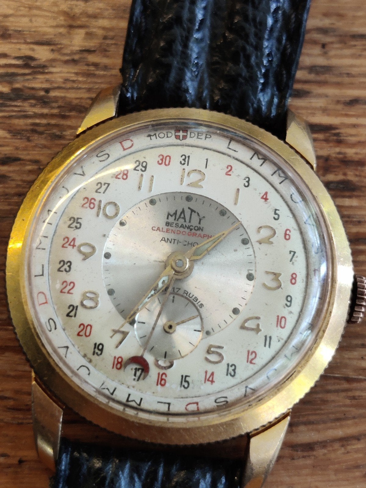 Maty Besancon vintage pointer date horloge, Ophalen of Verzenden, Staal, Overige merken, 1960 of later