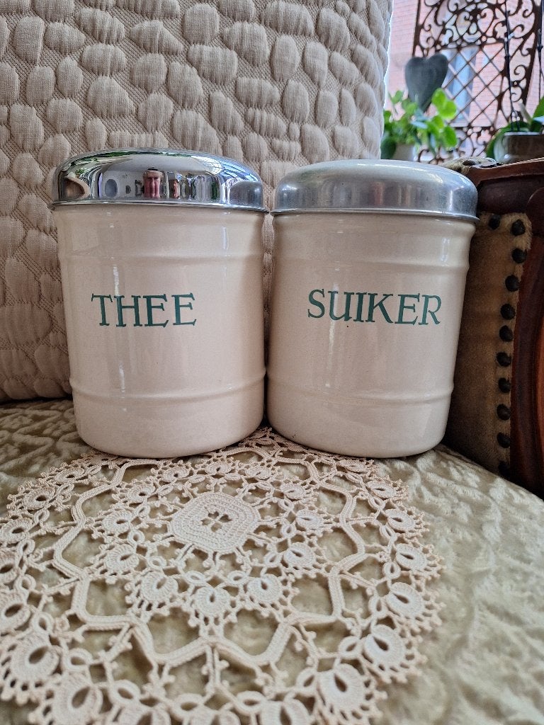 2 Brocante Emaille Blikken Suiker & Thee ** Mimosa **, Ophalen of Verzenden
