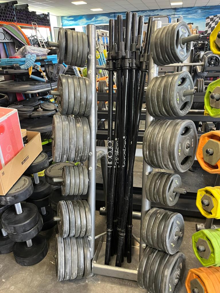 10 x bodypump halter set met rek stang schijven, Ophalen, Gebruikt, Met rek, 10 x set