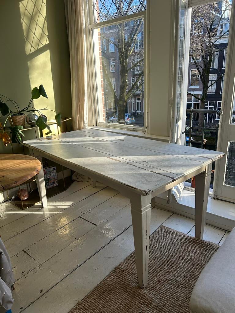 Houten tafel - White wash look, Gebruikt, 150 tot 200 cm, Vier personen, Rechthoekig