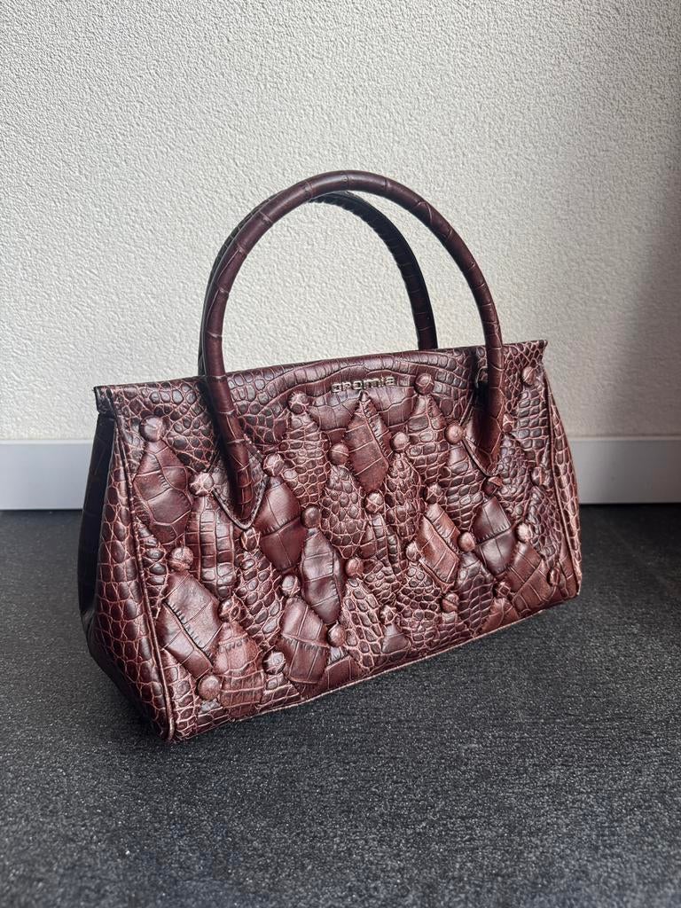 Croma bruine leren handtas met krokodillen print, Bruin, Ophalen of Verzenden, Zo goed als nieuw, Croma